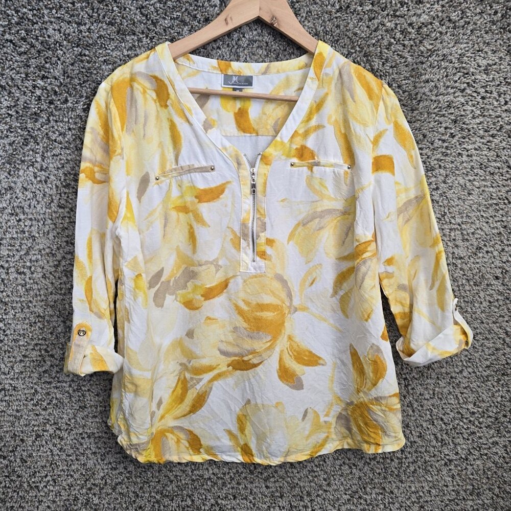 JM Collection Top Womens Medium Yellow Linen Floral Zip Blouse Ladies